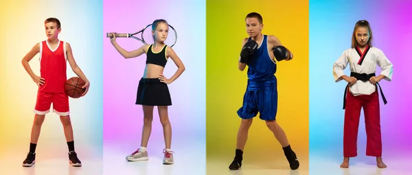 Basquetebol, boxe, taekwondo, ténis. Colagem de diferentes pequenos desportistas — Fotografia de Stock