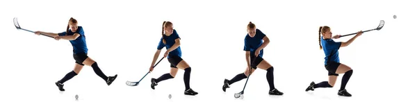 Balón de suelo jugador femenino aislado en fondo de estudio blanco. Acción y movimiento, movimiento, estilo de vida saludable y superación del concepto. — Foto de Stock