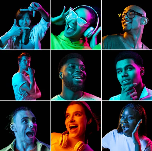 Retratos de grupo de pessoas em fundo multicolorido em luz de néon, colagem. — Fotografia de Stock