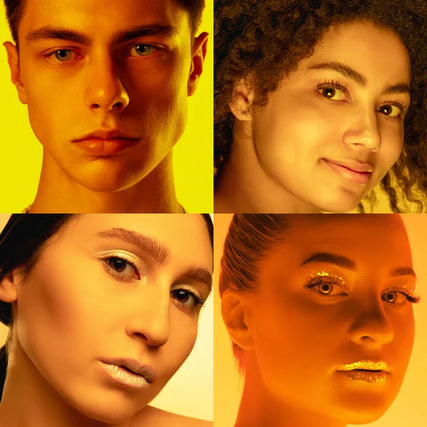 Porträtt av grupp människor på flerfärgad bakgrund i neonljus, collage. — Stockfoto