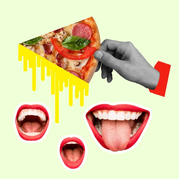 Snabbmat. Mänsklig mun med röda läppar och tungan som en pizzabit på gul bakgrund. Negativt utrymme för att infoga din text. Modern design. Samtida konstcollage. — Stockfoto
