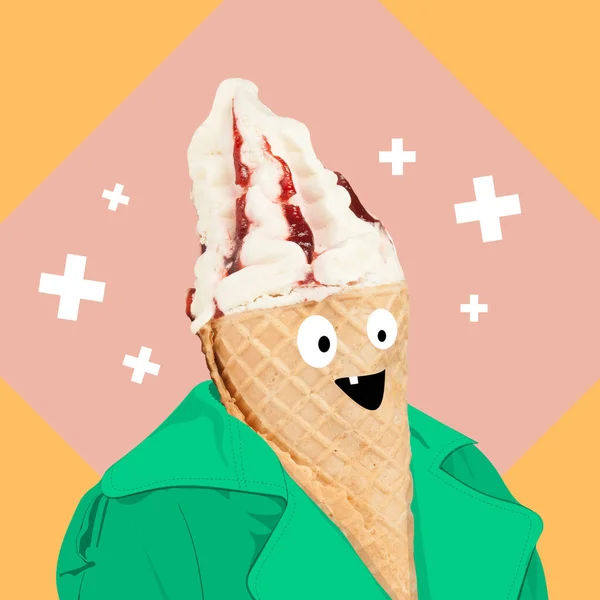 Cono de helado divertido como cara humana y chaqueta de moda verde. —  Fotos de Stock