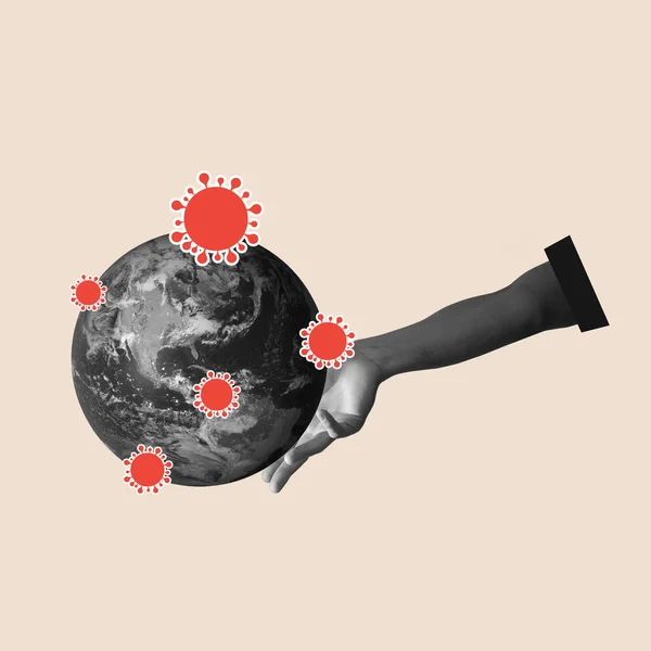 Colagem de arte sobre vacinação global - cuidados com o vírus corona - globo e mão masculina abstrata. — Fotografia de Stock