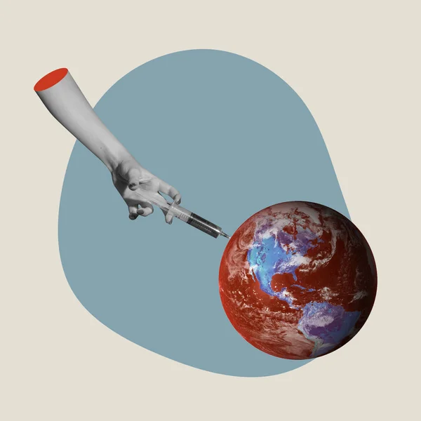 Colagem de arte sobre vacinação global - cuidados com o vírus corona - globo vermelho e seringa em mão masculina abstrata. — Fotografia de Stock