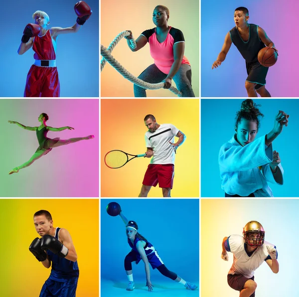 Collage av olika professionella idrottare, passar människor isolerade på färg bakgrund. Flygblad. — Stockfoto