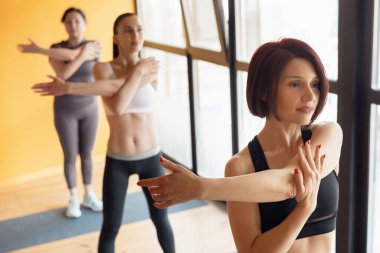 Spor salonunda bir grup genç kadın. Yoga.