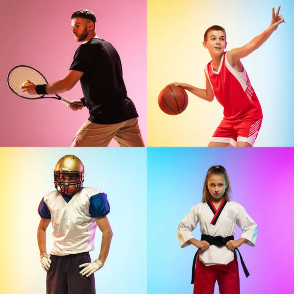 Football américain, basket, taekwondo, tennis. Collage de différents petits et adultes sportifs en action — Photo