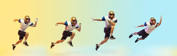 American football speler geïsoleerd op kleur studio achtergrond met copyspace. Professionele sportman tijdens het spelen in actie en beweging. — Stockfoto