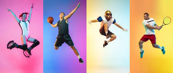 Collage de différents sportifs professionnels, adapter les gens en action et le mouvement isolé sur fond de couleur. Dépliant. — Photo