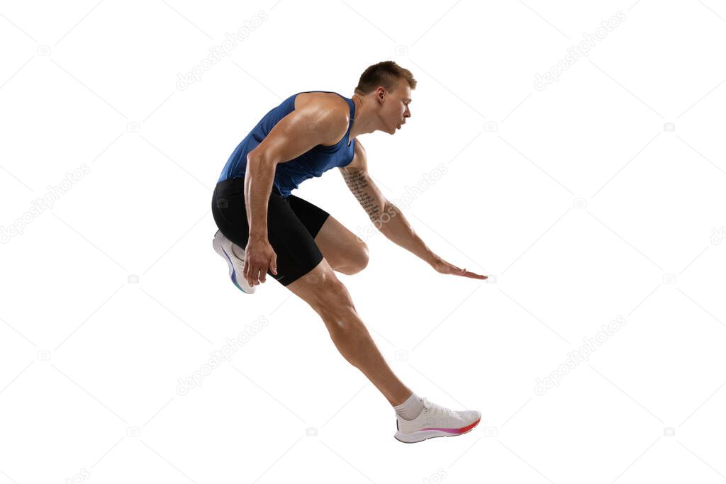 Athlete man athlete jumps over the barrier isolated on white background.