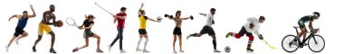 Spor kolajı. Tenis, basketbol, futbol, hokey, golf, bisiklet, spor, koşu, voleybol oyuncuları beyaz arka planda izole edilmiş.