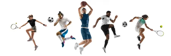 스포츠 콜라주. 테니스 , 농구, 축구 선수들의 움직임 은 화이트 스튜디오 배경에 격리되어 있다. — 스톡 사진