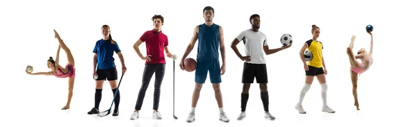 Collage sportivo. Ginnastica, pallacanestro, calcio, golf, voleyball, floorball giocatori posa isolata su sfondo bianco studio. — Foto Stock