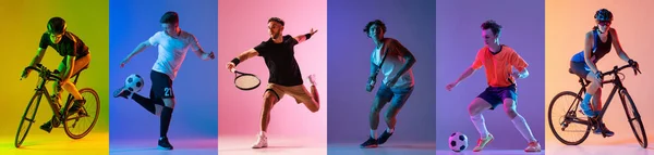 Collage de diferentes deportistas profesionales, aptos para personas en acción y movimiento aislado sobre fondo multicolor. Volante. —  Fotos de Stock