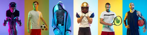 Collage van verschillende professionele sporters, fit mensen die zich voordoen als team op kleur neon achtergrond. Vlieger. — Stockfoto