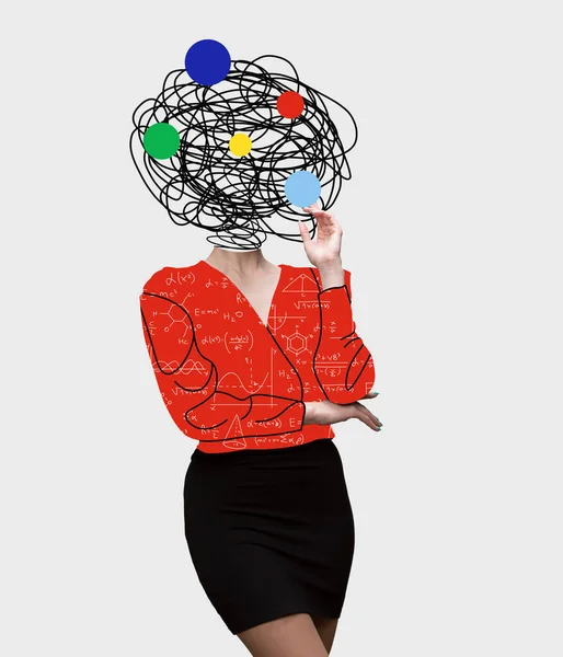 Chaos in vrouwen hoofd en orkaan van gedachten. Modern design, hedendaagse kunst collage. Inspiratie, idee, trendy urban magazine stijl. Lijnkunst — Stockfoto