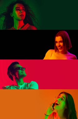 Yeşil, siyah, kırmızı ve turuncu neon renkler. Çok renkli arka planda, neon ışıkta, kolajda bir grup insanın portreleri.