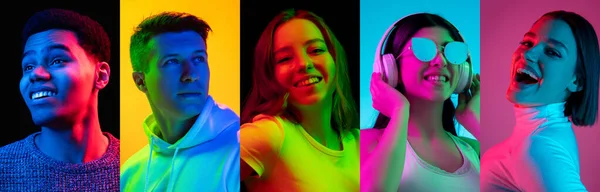 Happiness. Portraits of group of people on multicolored background in neon light, collage. — Stock fotografie