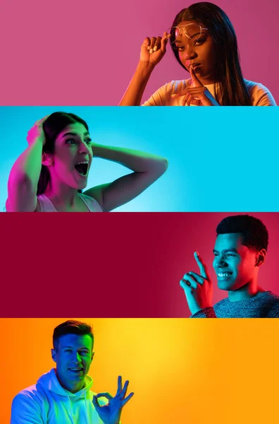 Berbagai emosi Potret sekelompok orang dengan latar belakang berwarna-warni dalam cahaya neon, kolase. — Stok Foto