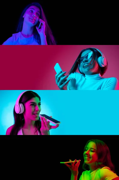 Telefonon beszél. Fiatal lányok csoportjának portréi okostelefonnal többszínű háttérrel neon fényben, kollázs. — Stock Fotó
