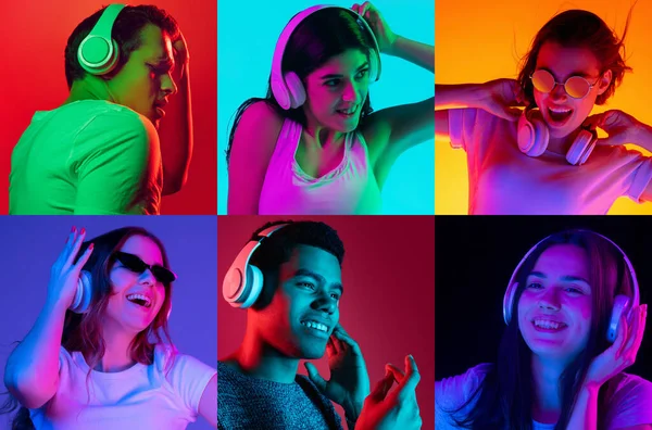 Retratos de grupo de personas sobre fondo multicolor en luz de neón, collage. —  Fotos de Stock