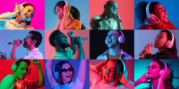 Portraits of group of people on multicolored background in neon light, collage. — Stock Photo, Image