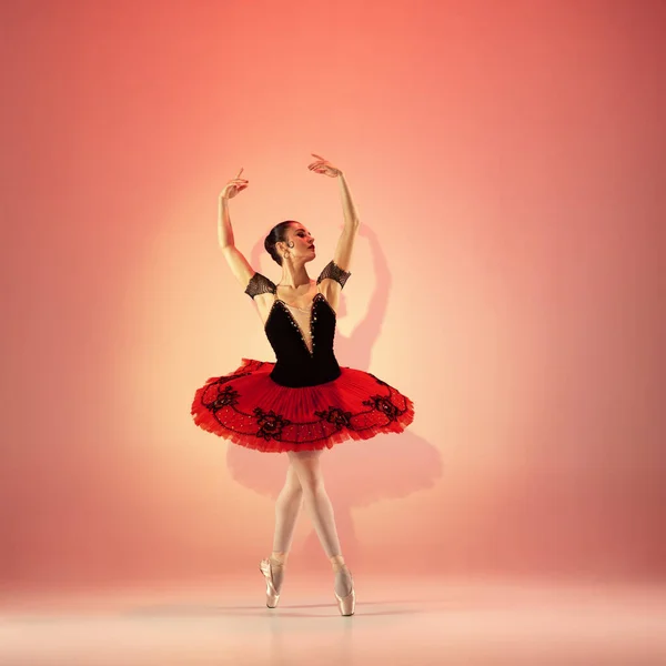 Jovem e incrivelmente bela bailarina está posando e dançando no estúdio vermelho cheio de luz. — Fotografia de Stock