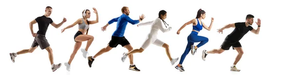 Speed and strength. Development of motions of young athletic fit men and women running isolated over white background. Flyer. — Stock Photo, Image