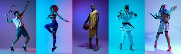 Collage di diversi sportivi professionisti, si adattano alle persone in azione su sfondo al neon a colori. Volantino. — Foto Stock