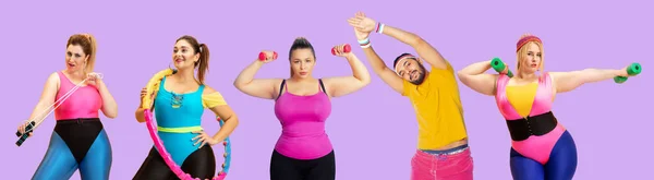 Collage av bilder av plus-size kvinnor och man isolerad på rosa studio bakgrund. Begreppet fitness, hälsosam livsstil — Stockfoto