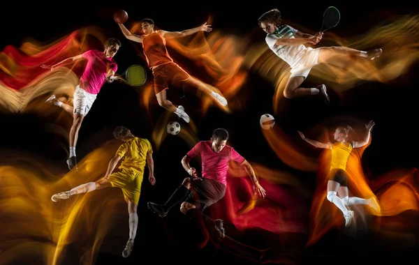 Sportsmän som spelar basket, tennis, fotboll fotbal, volleyboll på svart bakgrund i blandat ljus. — Stockfoto