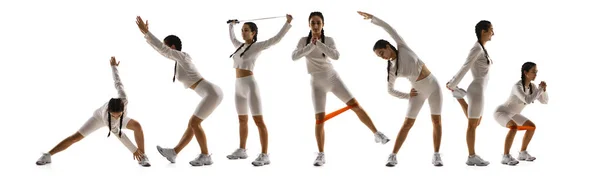 Sport kollázs fiatal fitt nő akcióban és mozgás felett fehér stúdió háttér. Szórólap. Fogalom a fitness, az egészséges életmód és a szép test — Stock Fotó
