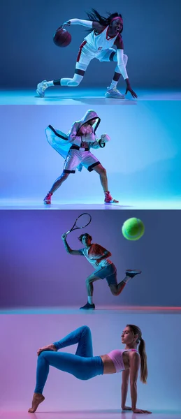 Colagem de diferentes desportistas profissionais, ajuste as pessoas em ação sobre fundo de néon de cor. Folheto. — Fotografia de Stock