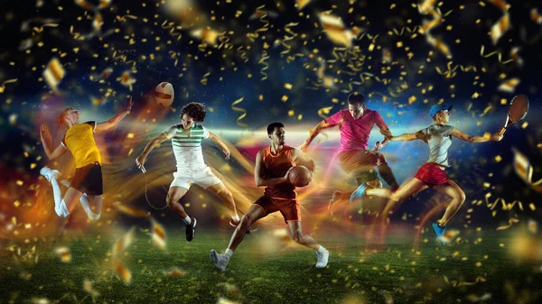 Sportivi in azione. Collage. Pallavolo, basket, tennis, calciatori sullo sfondo dello stadio con fuochi d'artificio di coriandoli festivi. — Foto Stock