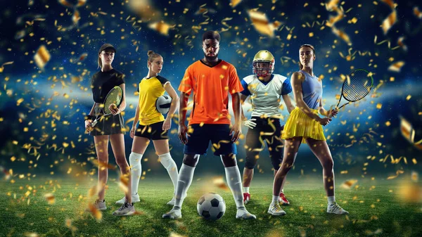 Sport collage. Volleyball, tennis, american, and soccer football players standing over stadium background with festive confetti fireworks — Stock Photo, Image