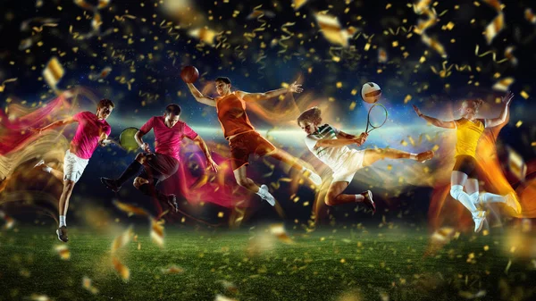 Sportsmen in action. Collage. Volleyball, basketball, tennis, soccer football players over stadium background with festive confetti fireworks. — Stock Photo, Image