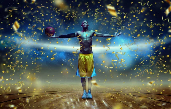 Victoria. Hermoso jugador de baloncesto afroamericano masculino con bola en luz de neón en el fondo de la arena con fuegos artificiales festivos confeti. —  Fotos de Stock