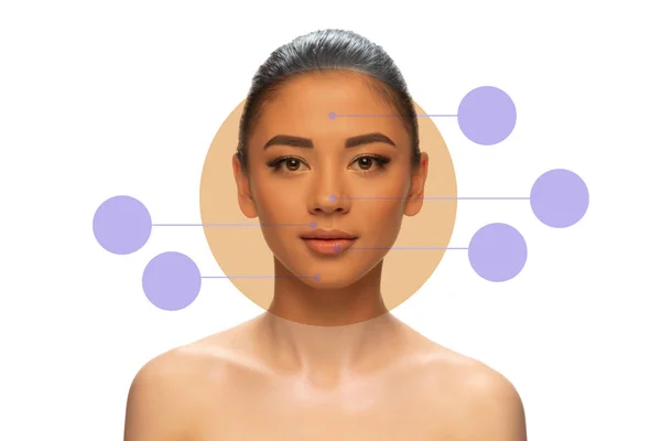 Female face with dotted area under eyes and near mouth. Plastic surgery, anti-age concept. — Stock Photo, Image