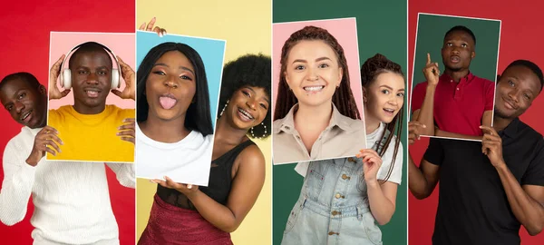 Retratos de grupo de pessoas em fundo multicolorido, colagem. — Fotografia de Stock