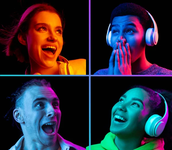Portraits of group of people on black background in neon light, collage. — Stock Photo, Image
