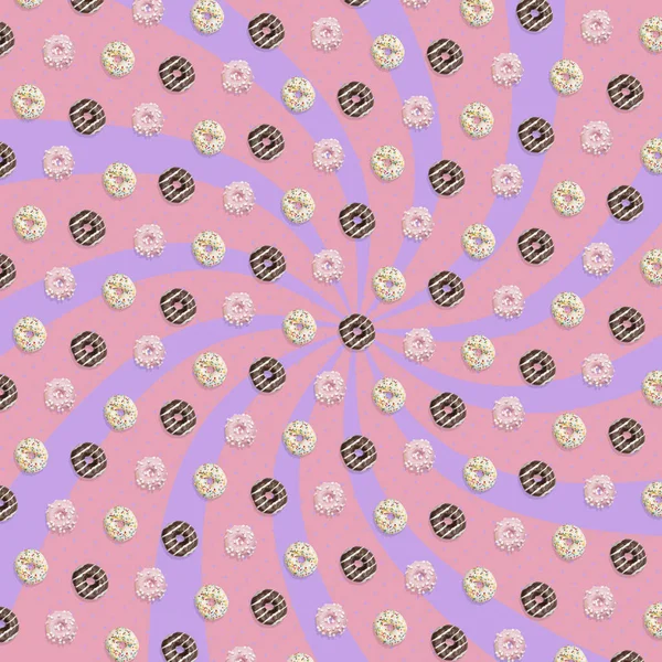 Creative pattern of colorful donuts on pastel pink background. Contemporary art, flat lay design — Stock Photo, Image