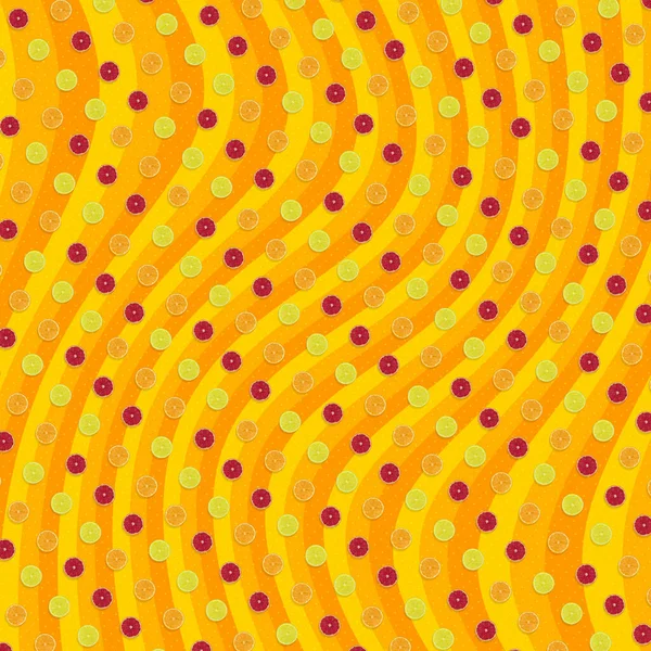 Patrón creativo de rodajas coloridas de naranja y pomelo sobre fondo amarillo brillante. Arte contemporáneo, diseño plano — Foto de Stock