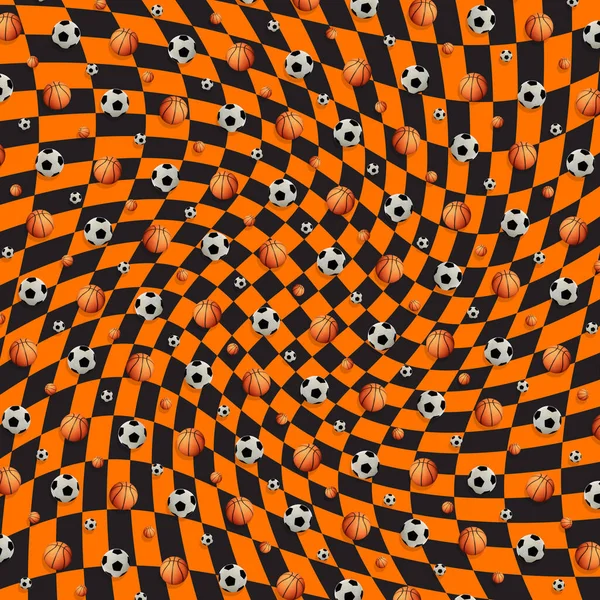 Creative pattern of colorful football and basketball balls on black orange background. Contemporary art, flat lay design