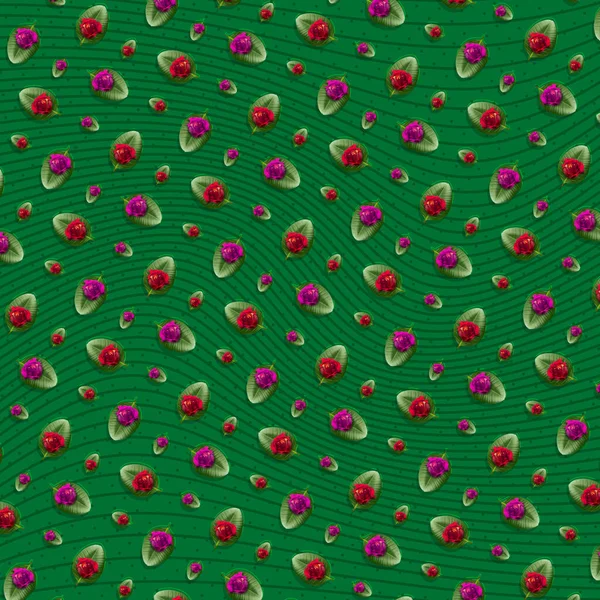 Kreatives Muster bunter Blumen auf leuchtend grünem Hintergrund. Zeitgenössische Kunst, flaches Design — Stockfoto