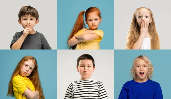 Kunstcollage aus Porträts kleiner und glücklicher Kinder isoliert auf buntem Studiohintergrund. Menschliche Emotionen, Gesichtsausdruck — Stockfoto