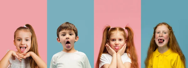 Collage d'arte composto da ritratti di bambini piccoli e felici isolati su uno sfondo multicolore. Emozioni umane, concetto di espressione facciale — Foto Stock