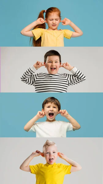 Art collage made of portraits of little kids isolated on multicolored studio background. Human emotions, facial expression concept — Stock Photo, Image