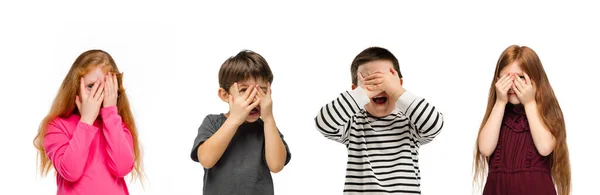 Art collage made of portraits of little kids closing eyes isolated on white studio background. Human emotions, facial expression concept — Stock Photo, Image