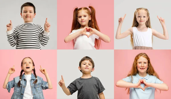Collage de arte hecho de retratos de niños pequeños y felices aislados en fondo de estudio multicolor. Emociones humanas, concepto de expresión facial — Foto de Stock