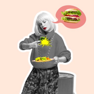 Genç bir kadın, yemek blogcusu arka planda izole edilmiş yemek fotoğrafı. Çağdaş sanat kolajı ve modern tasarım. Fikir kavramı, ilham, yaratıcılık.